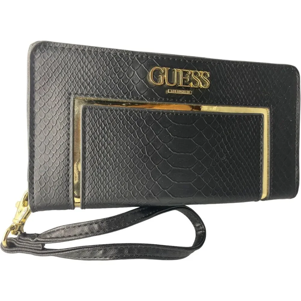 Guess USA Women's Black Snake Wristlet Wallet Sleek Classy EUC